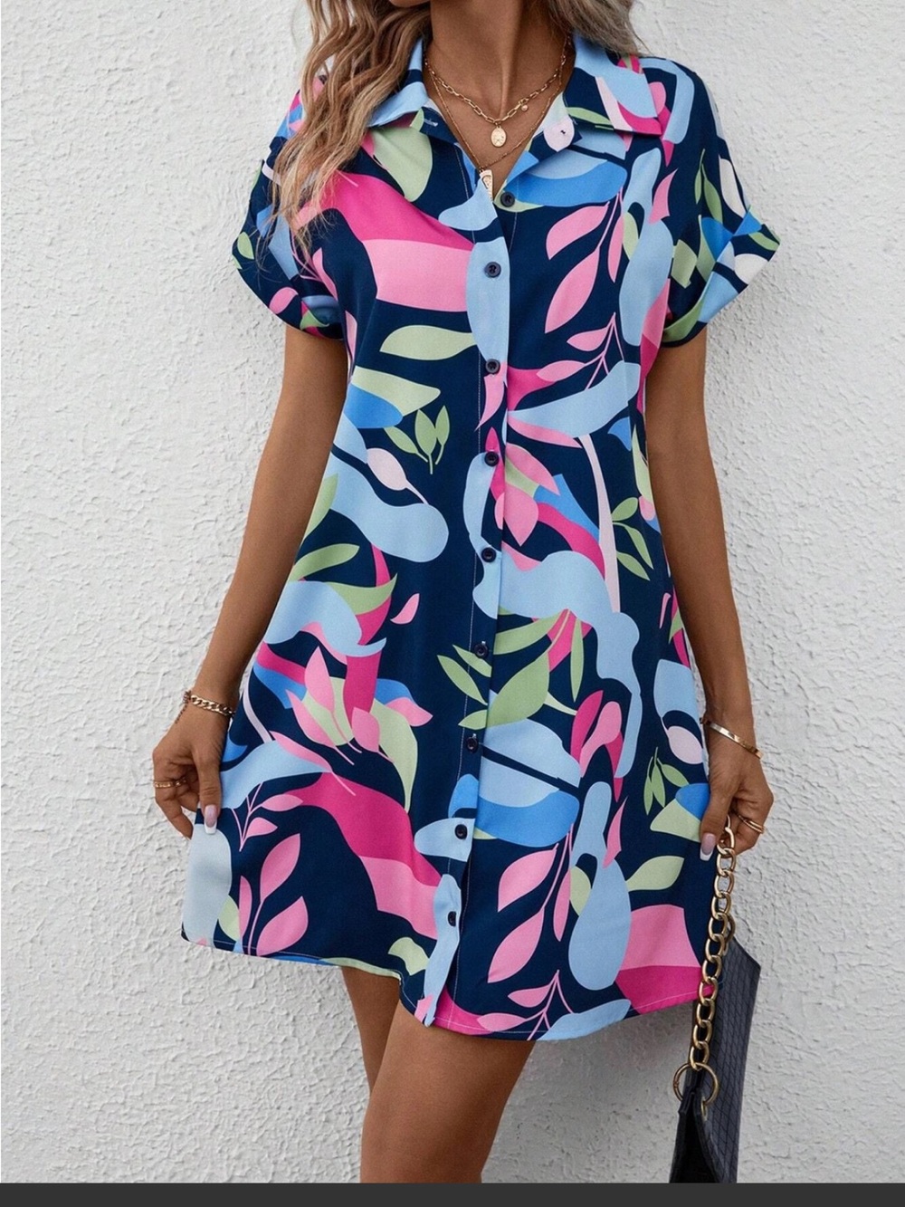 Button-Front Floral Abstract Navy Dress